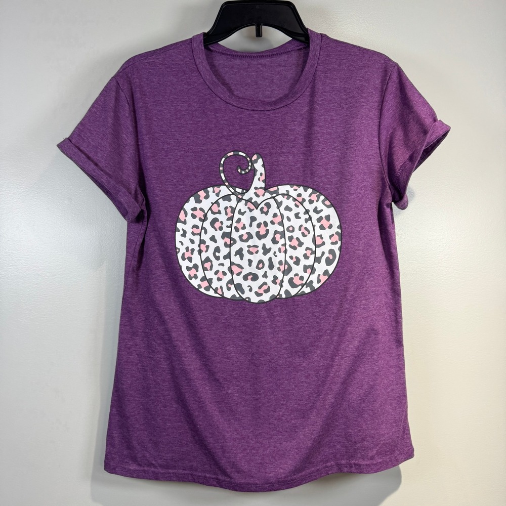 Womens Purple Leopard Print Pumpkin Graphic T Shirt M Fall Autumn‎ Tee